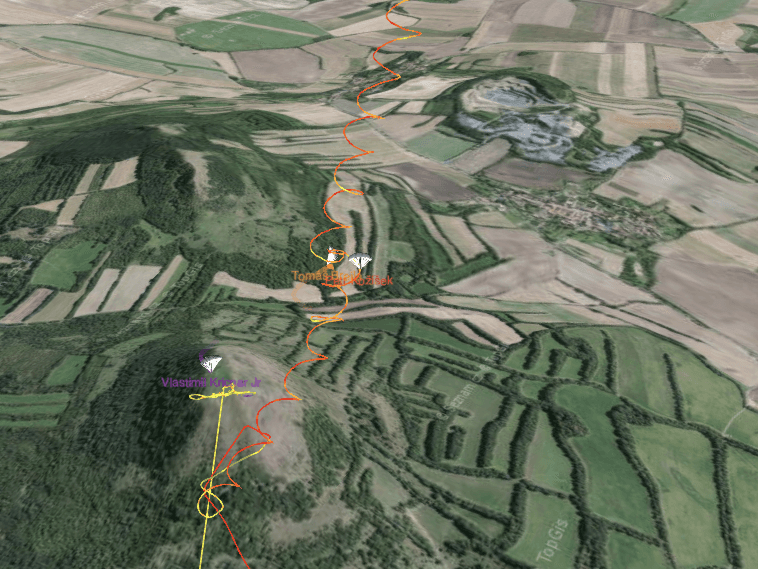 Lokace stoupáků, kde chytli 4 z 5ti pilotů, kteří odletěli.